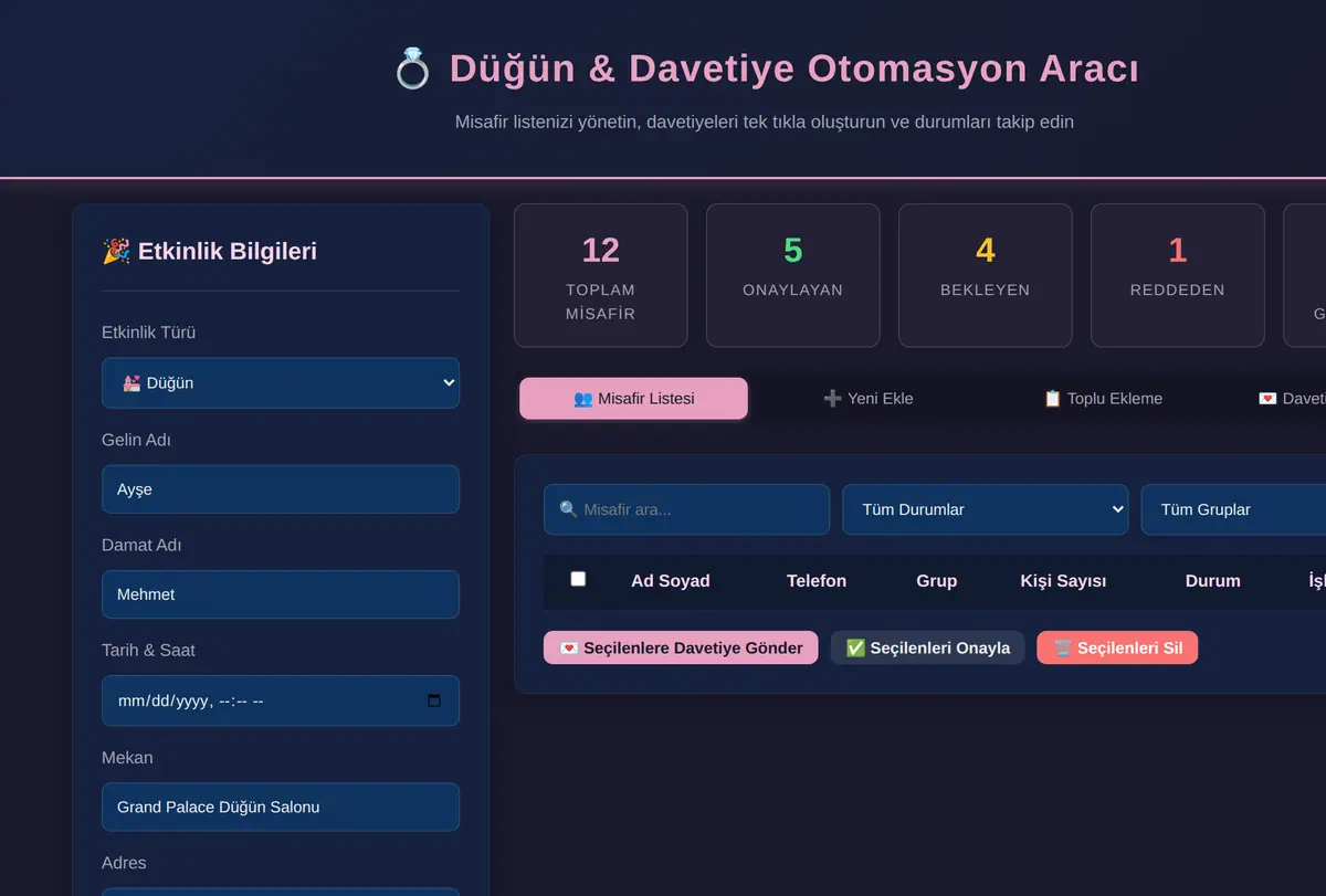 Düğün & Davetiye Otomasyon Aracı ekran görüntüsü