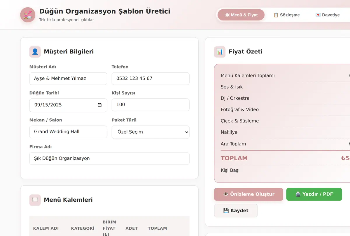 Düğün Organizasyon Şablon Üretici ekran görüntüsü