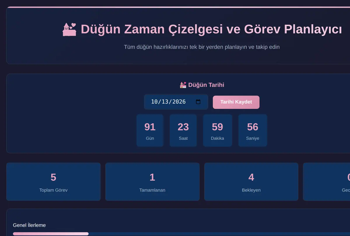 Düğün Zaman Çizelgesi ve Görev Planlayıcı ekran görüntüsü