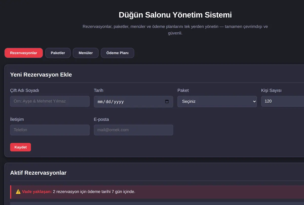 Düğün Salonu Yönetim Sistemi ekran görüntüsü