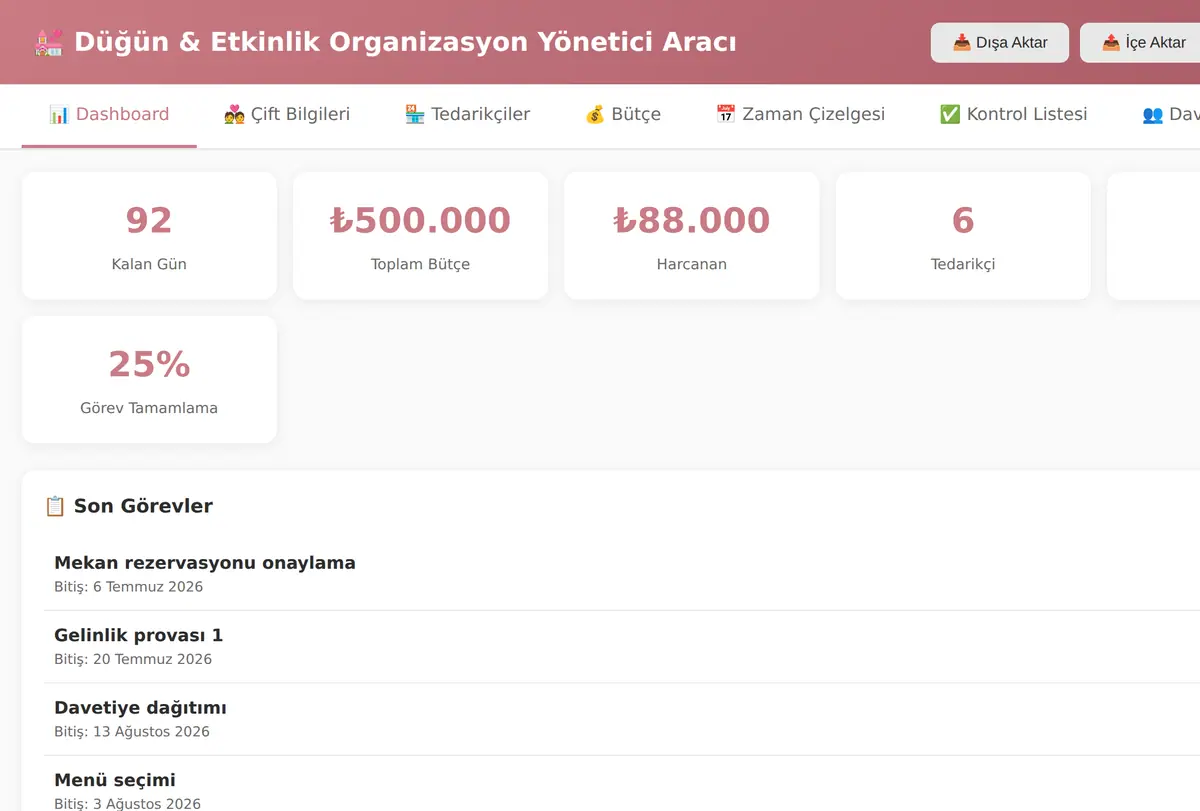 Düğün & Etkinlik Organizasyon Yönetici Aracı ekran görüntüsü