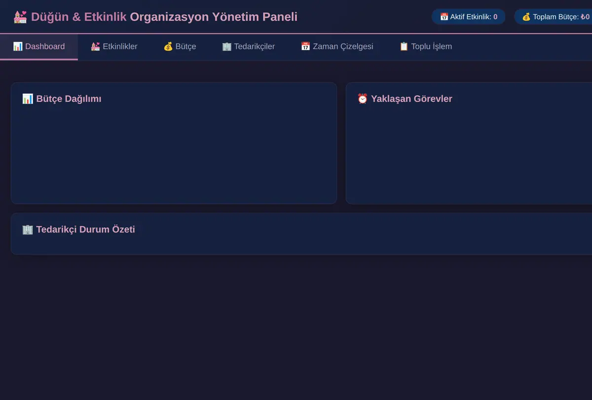 Düğün & Etkinlik Organizasyon Yönetim Paneli ekran görüntüsü
