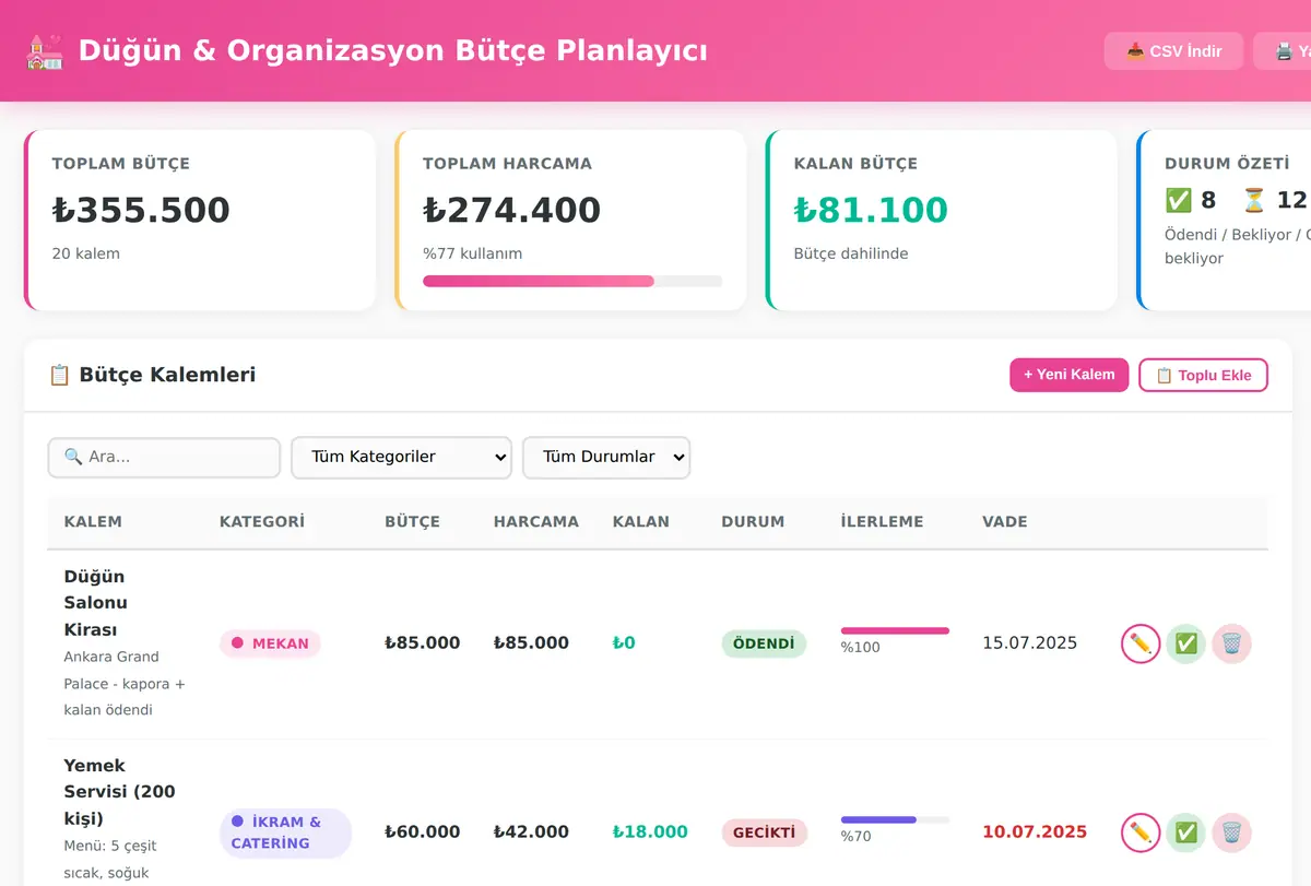 Düğün & Organizasyon Bütçe Planlayıcı ekran görüntüsü