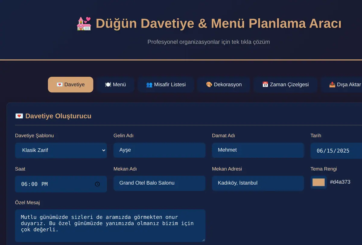 Düğün Davetiye & Menü Planlama Aracı ekran görüntüsü