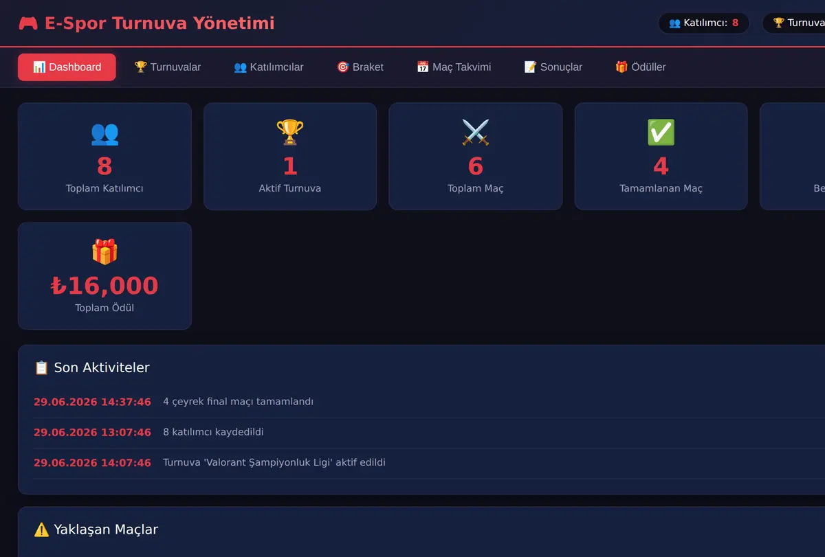 E-Spor Turnuva Yönetimi - Tek Panel Çözümü ekran görüntüsü