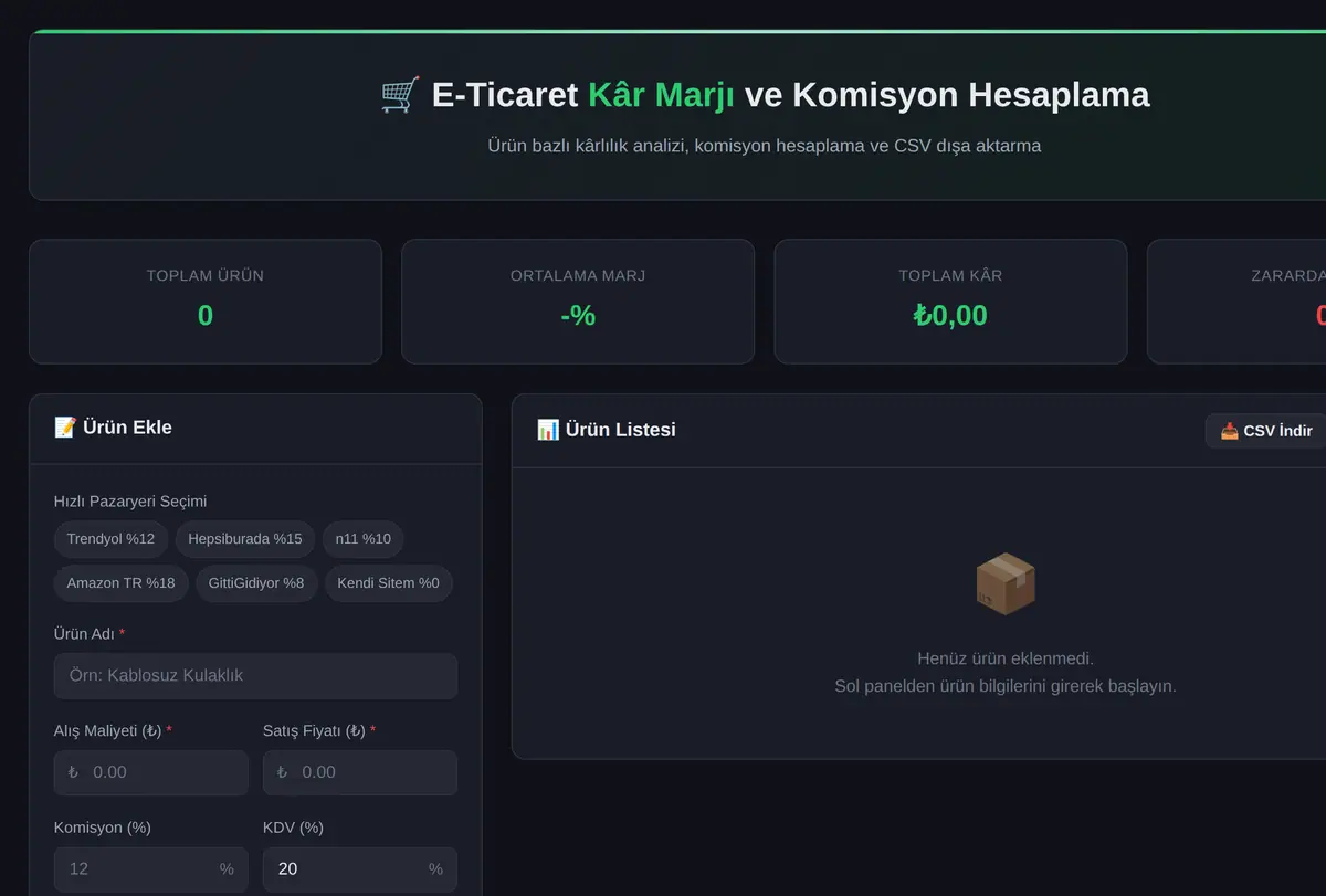 E-Ticaret Kâr Marjı ve Komisyon Hesaplama Aracı ekran görüntüsü