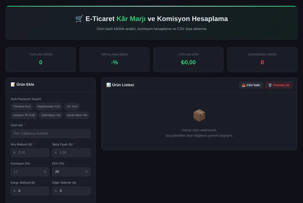 E-Ticaret Kâr Marjı ve Komisyon Hesaplama Aracı ekran görüntüsü 2