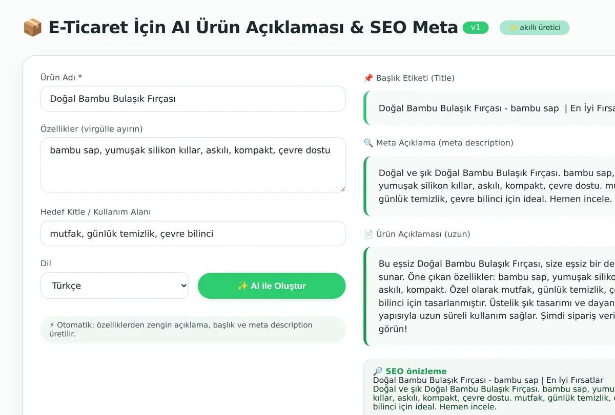 E-Ticaret İçin AI Ürün Açıklaması & SEO Meta Ol ekran görüntüsü