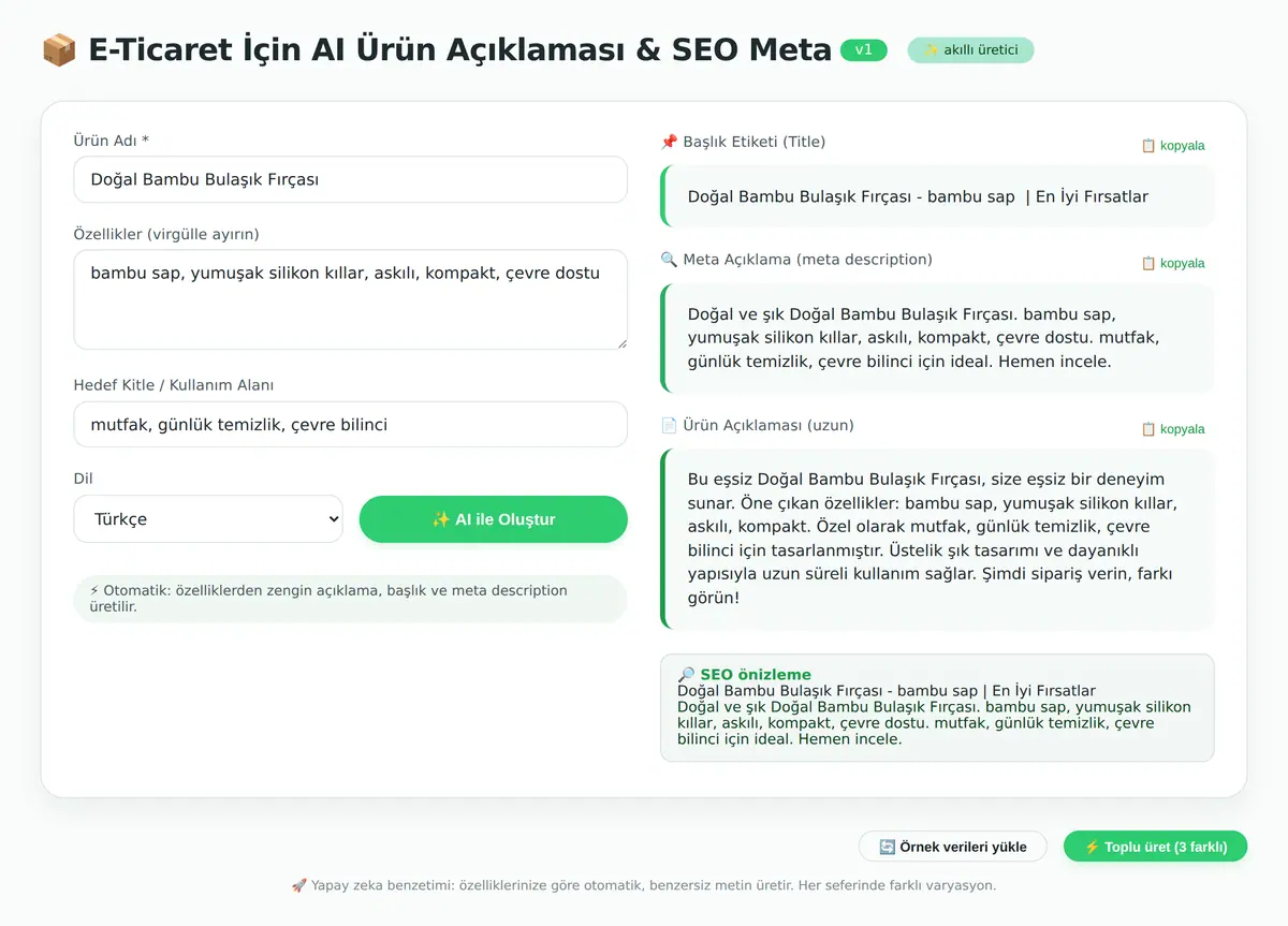 E-Ticaret İçin AI Ürün Açıklaması & SEO Meta Ol ekran görüntüsü 3