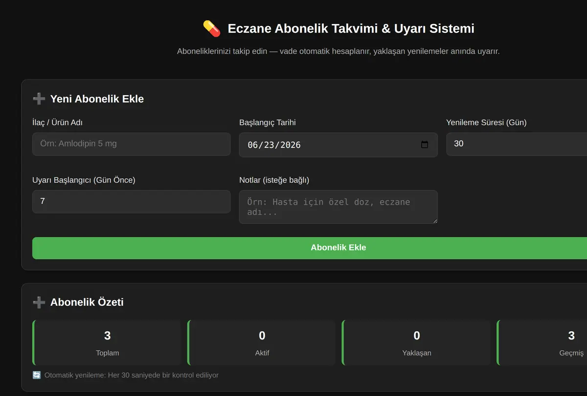Eczane Abonelik Takvimi & Uyarı Sistemi ekran görüntüsü