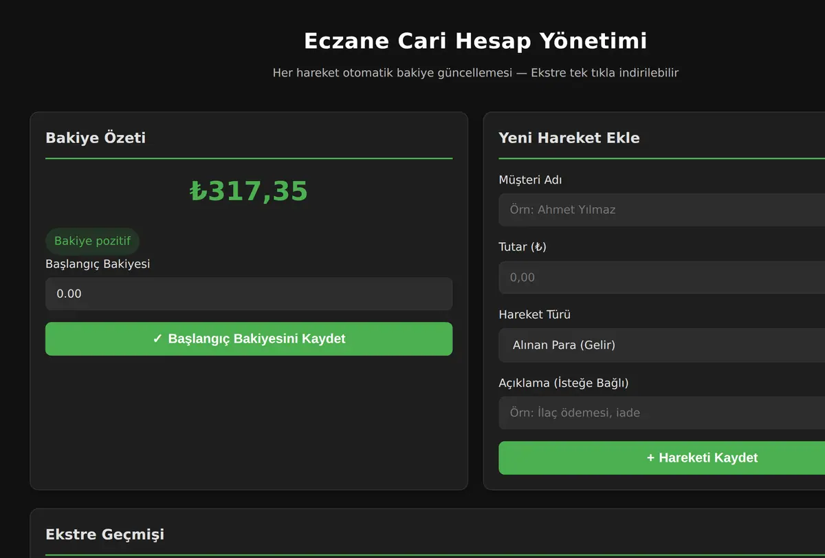 Eczane Cari Hesap Yönetimi ekran görüntüsü
