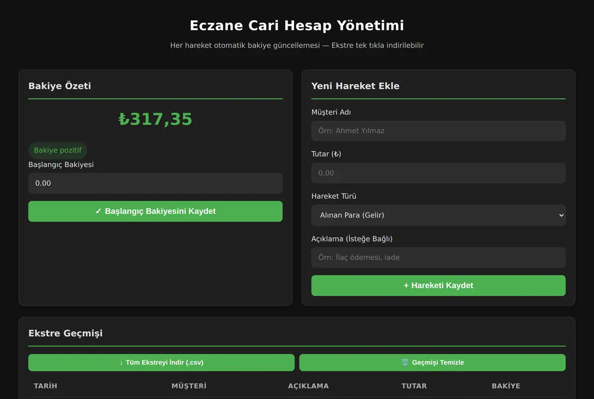 Eczane Cari Hesap Yönetimi ekran görüntüsü 2