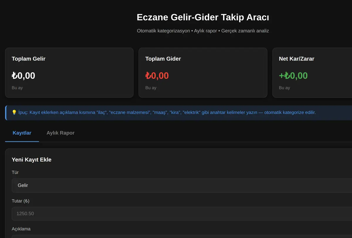 Eczane Gelir-Gider Takip Aracı ekran görüntüsü