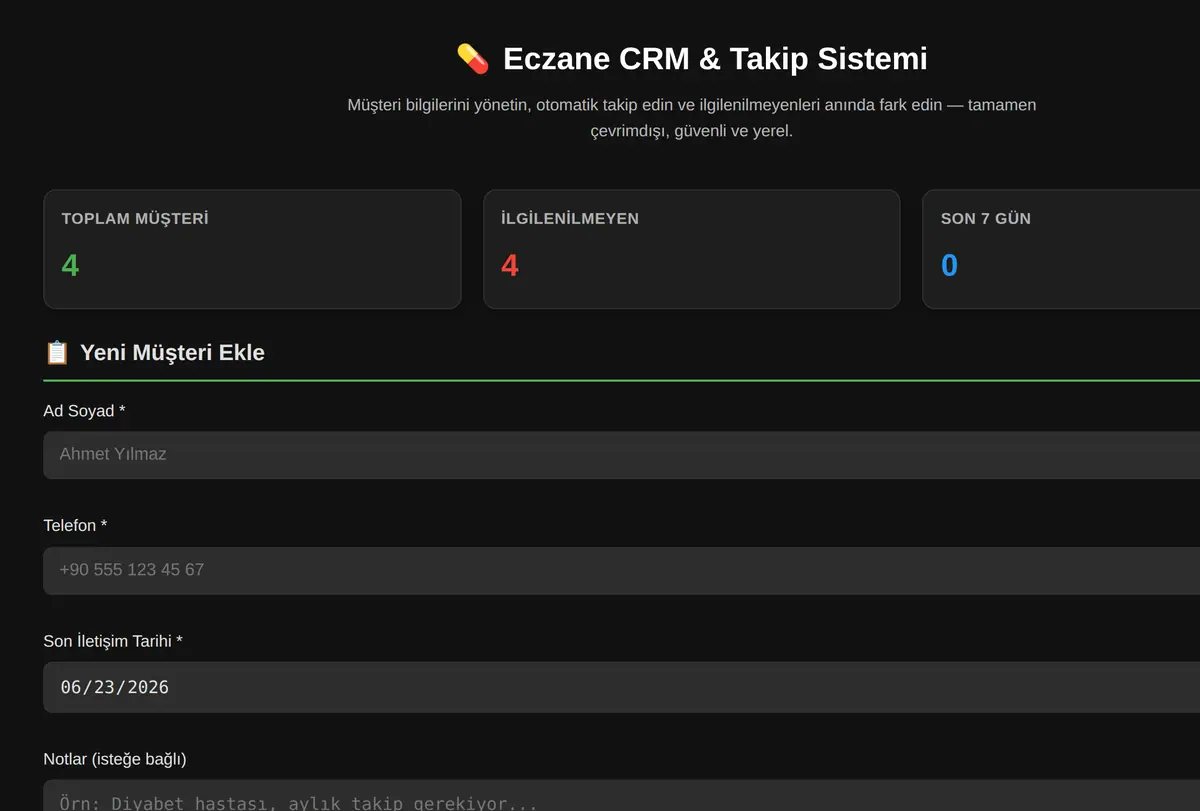 Eczane CRM & Takip Sistemi ekran görüntüsü