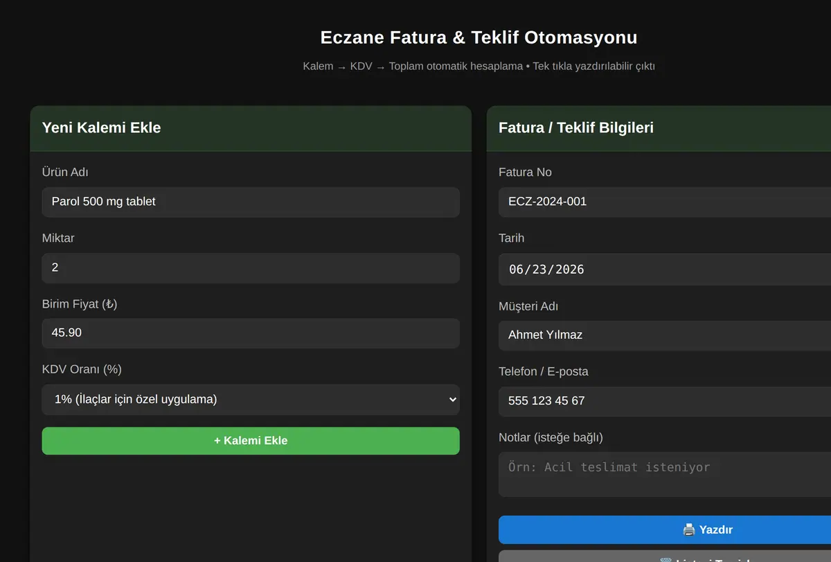 Eczane Fatura & Teklif Otomasyonu ekran görüntüsü