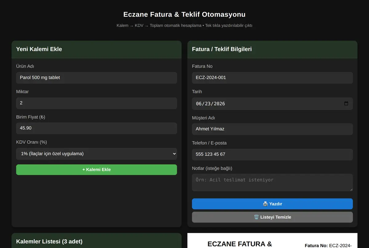 Eczane Fatura & Teklif Otomasyonu ekran görüntüsü 2