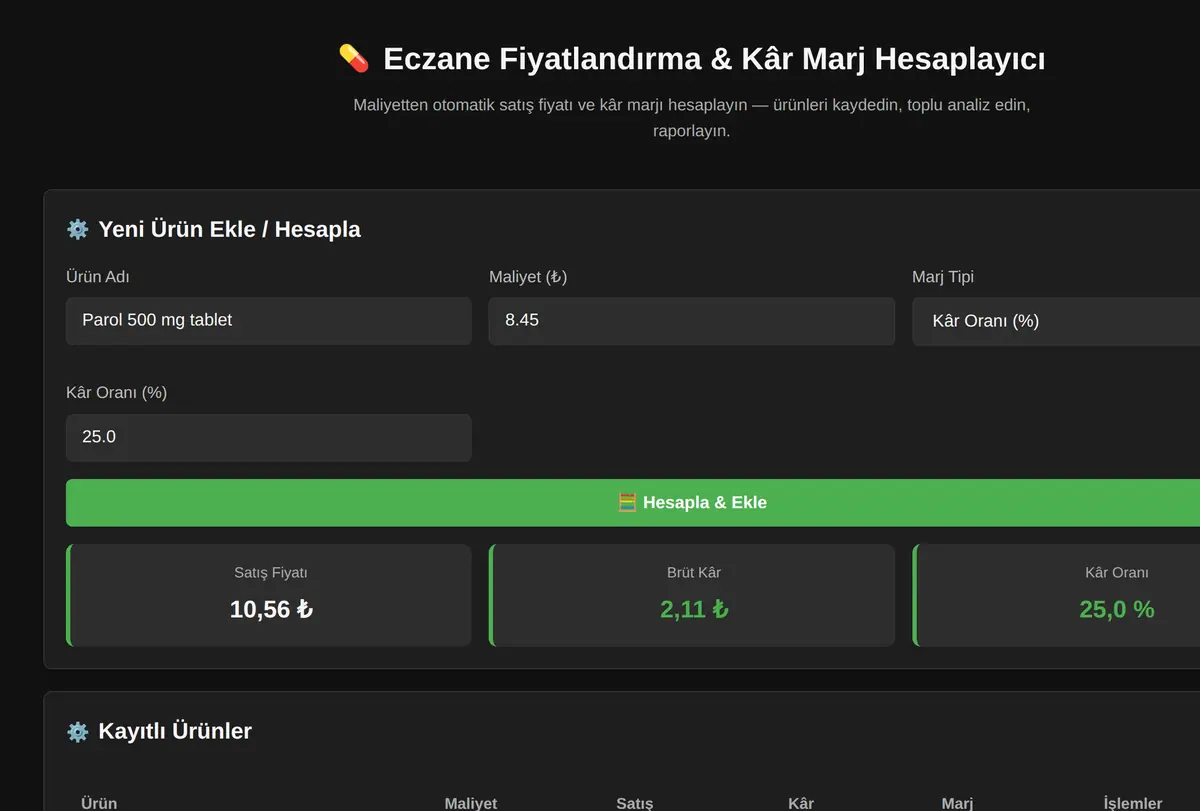 Eczane Fiyatlandırma & Kâr Marj Hesaplayıcı ekran görüntüsü