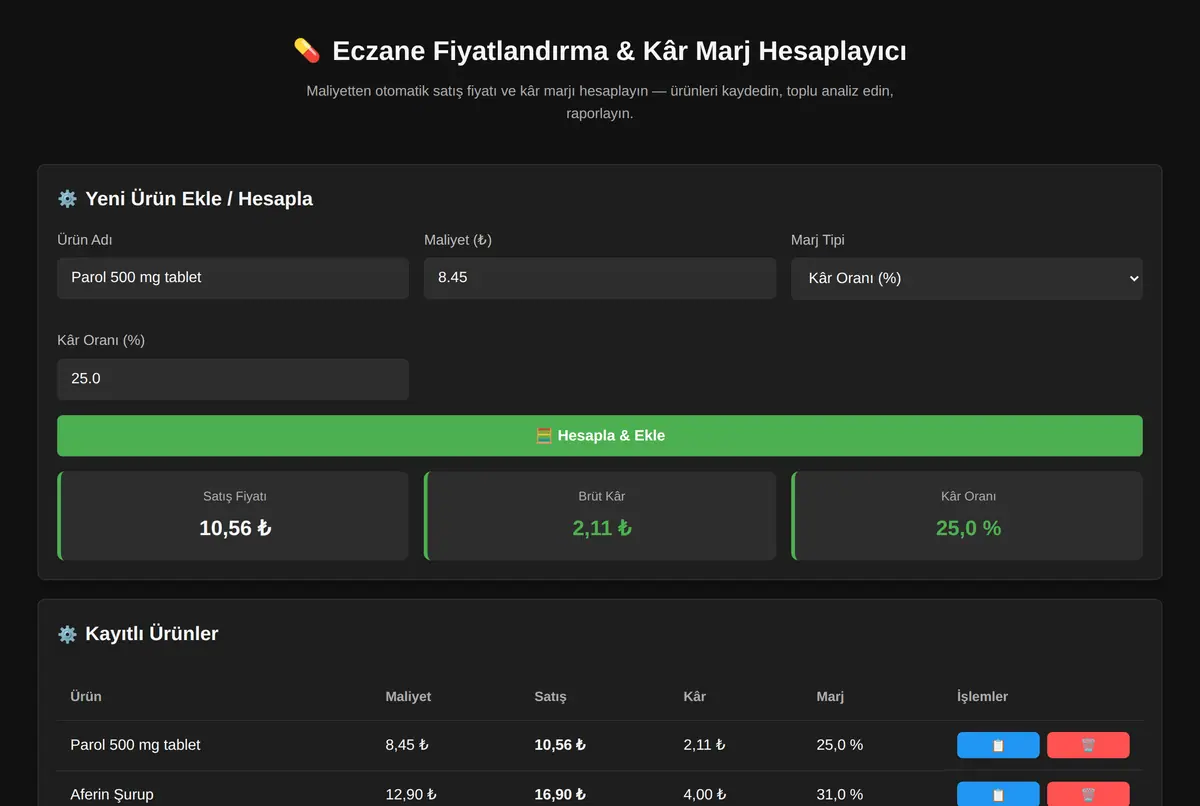 Eczane Fiyatlandırma & Kâr Marj Hesaplayıcı ekran görüntüsü 2