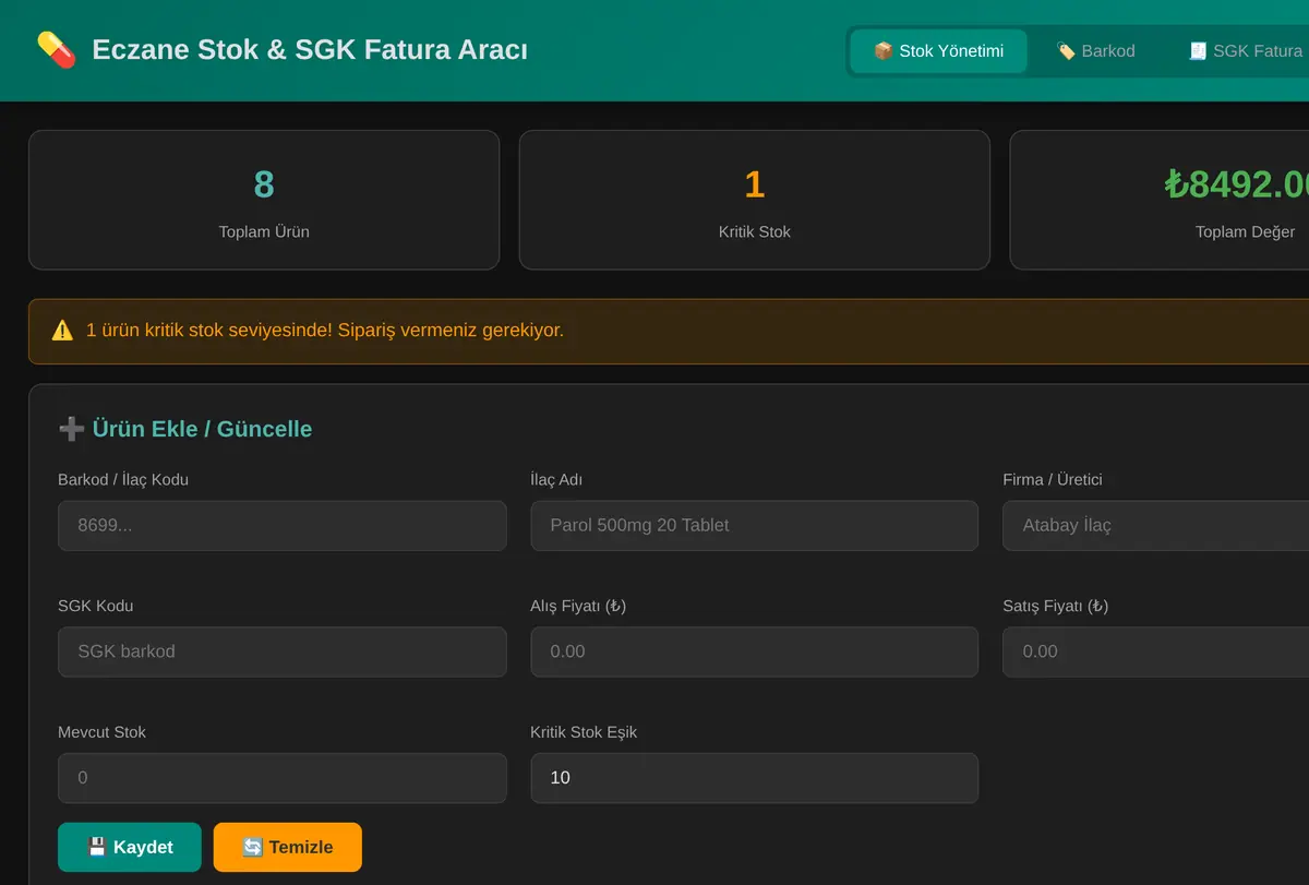Eczane Stok & SGK Fatura Aracı ekran görüntüsü