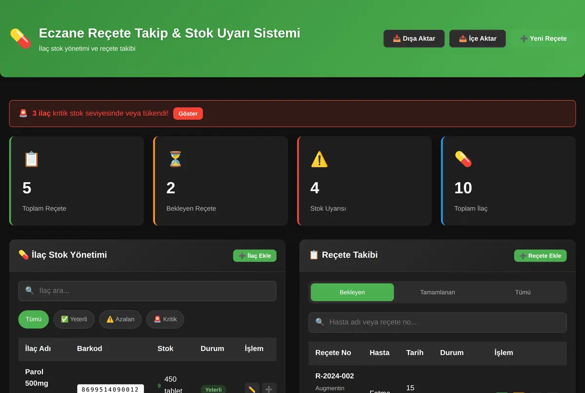 Eczane Reçete Takip & Stok Uyarı Sistemi ekran görüntüsü 2
