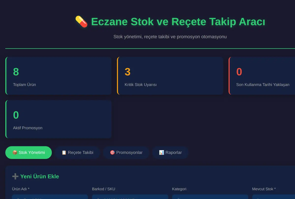 Eczane Stok ve Reçete Takip Aracı ekran görüntüsü