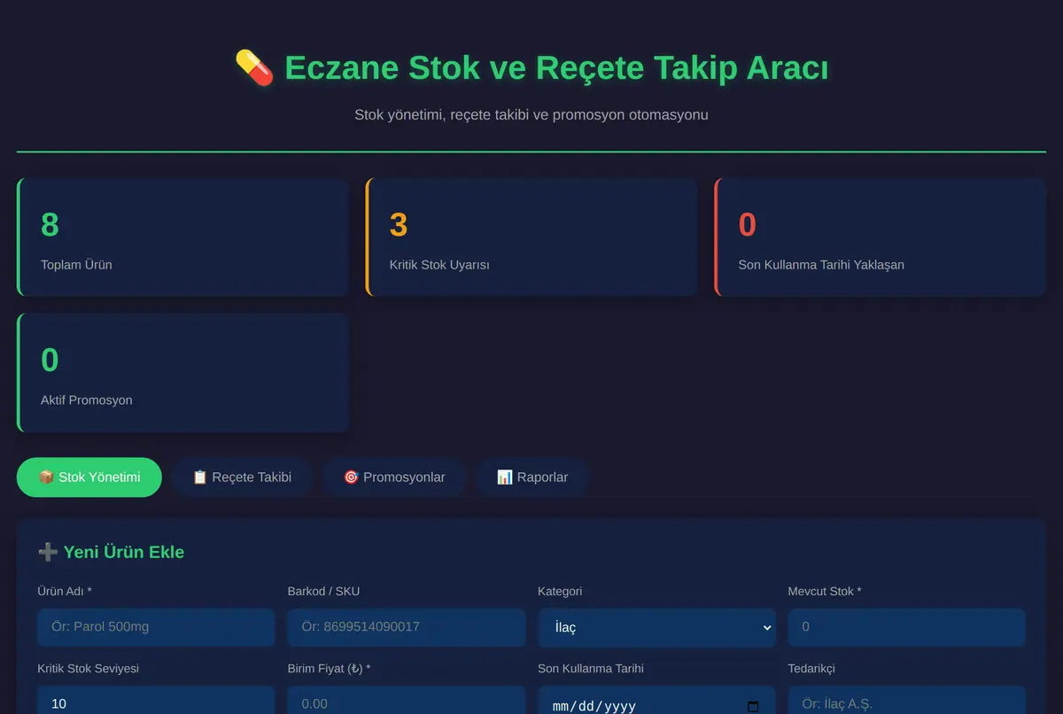 Eczane Stok ve Reçete Takip Aracı ekran görüntüsü 2