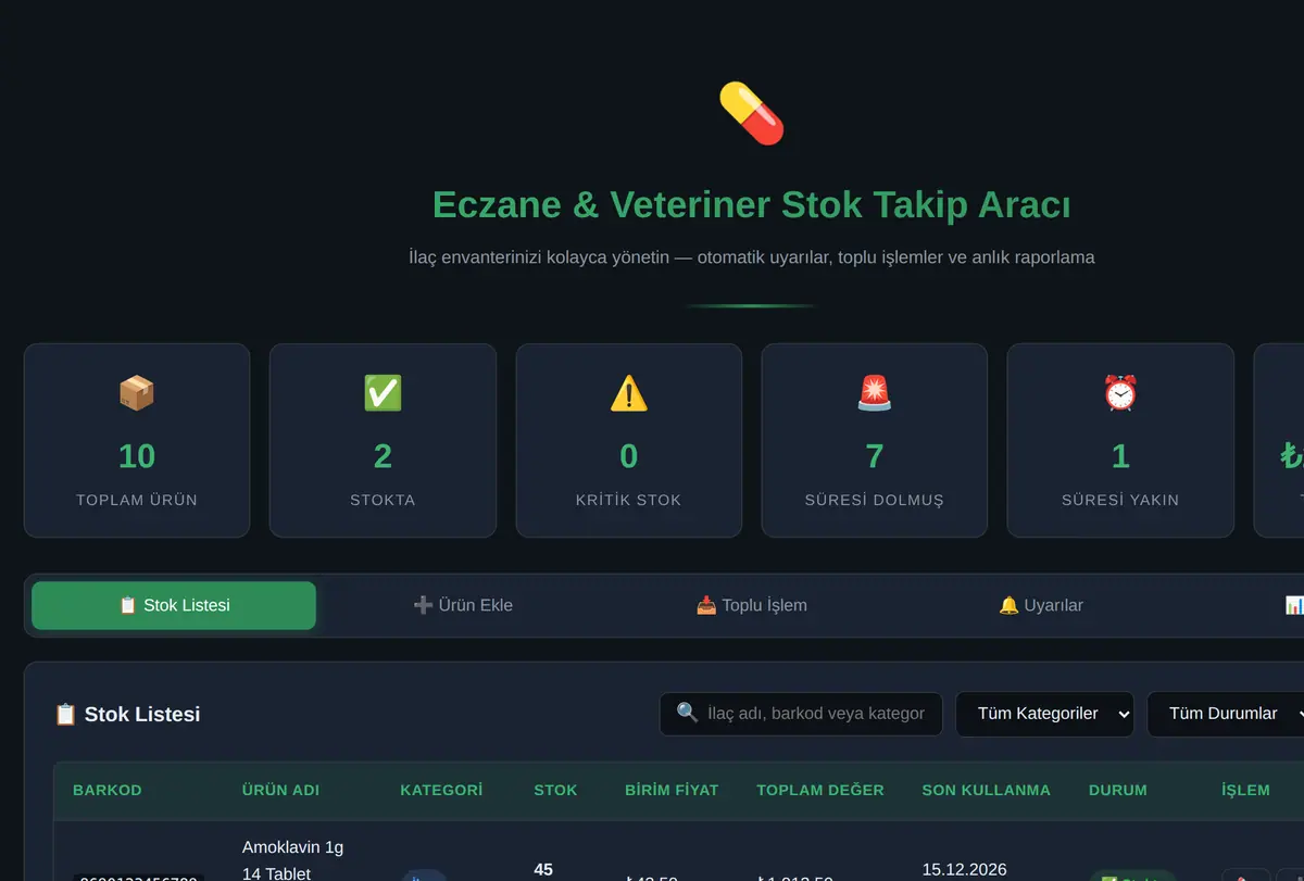 Eczane & Veteriner Stok Takip Aracı ekran görüntüsü