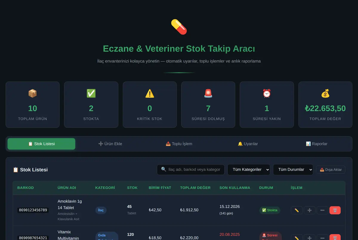 Eczane & Veteriner Stok Takip Aracı ekran görüntüsü 2