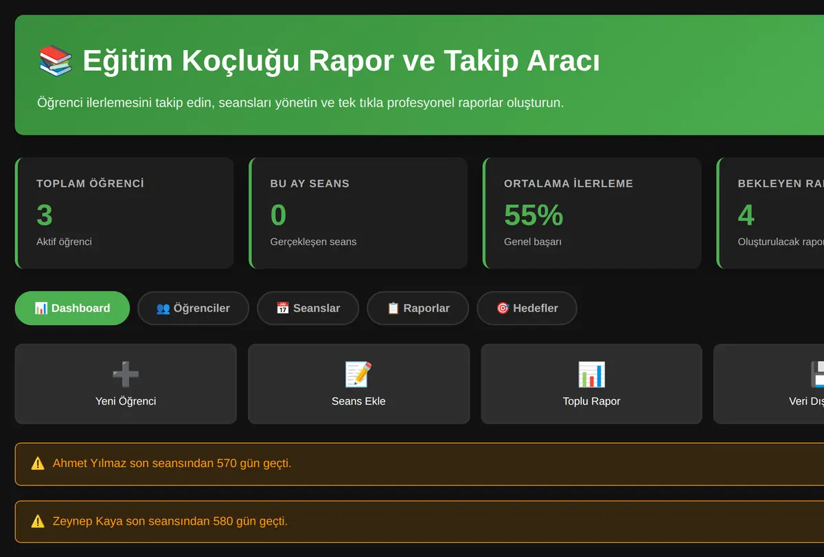 Eğitim Koçluğu Rapor ve Takip Aracı ekran görüntüsü