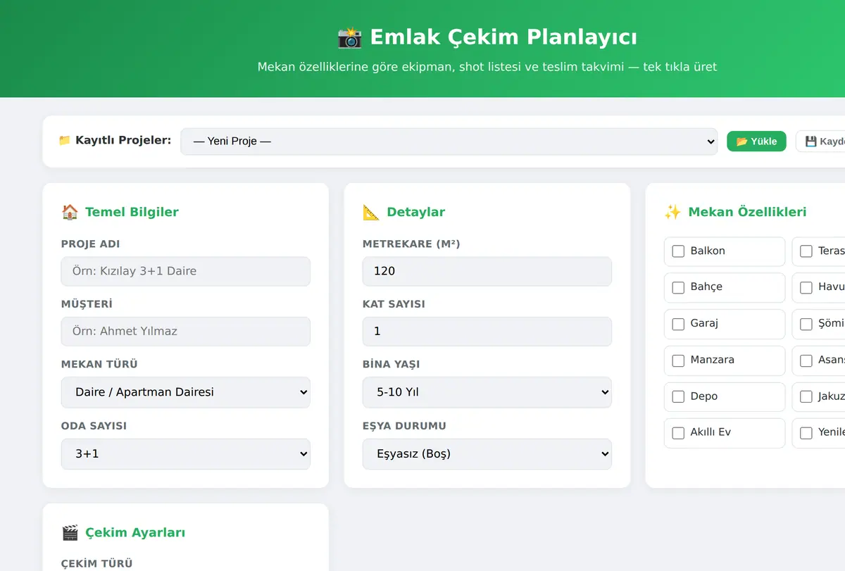 Emlak Çekim Planlayıcı - Shot Listesi ekran görüntüsü
