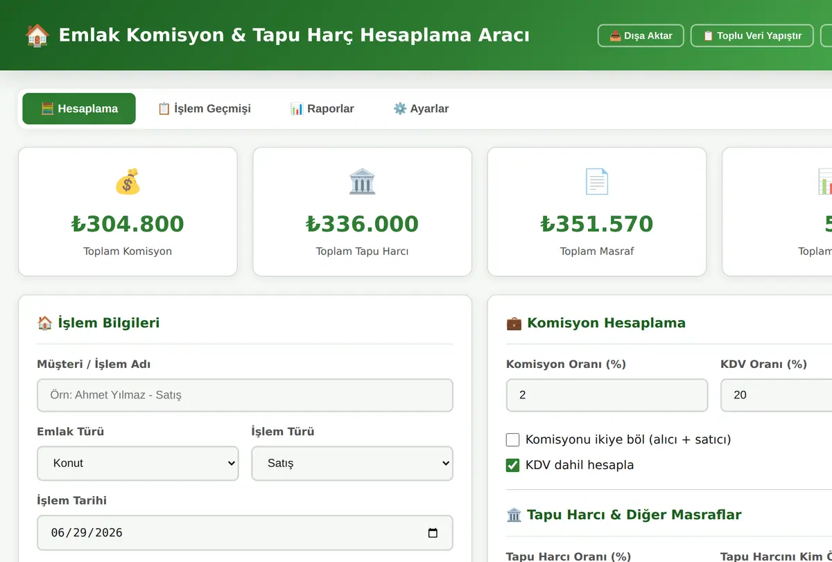Emlak Komisyon & Tapu Harç Hesaplama Aracı ekran görüntüsü