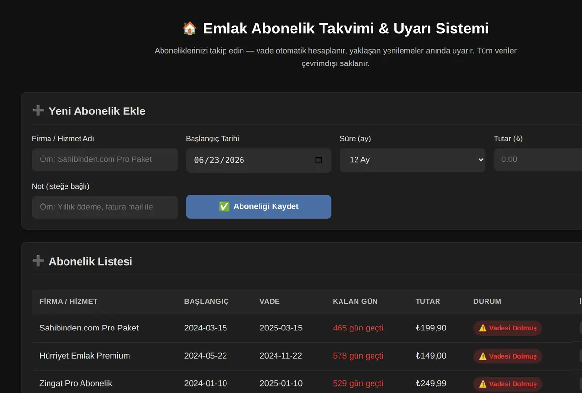 Emlak Abonelik Takvimi & Uyarı Sistemi ekran görüntüsü