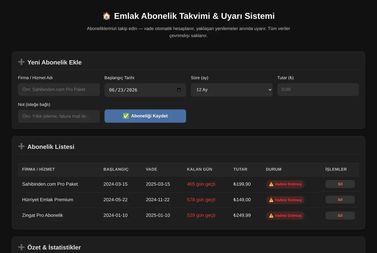 Emlak Abonelik Takvimi & Uyarı Sistemi ekran görüntüsü 2