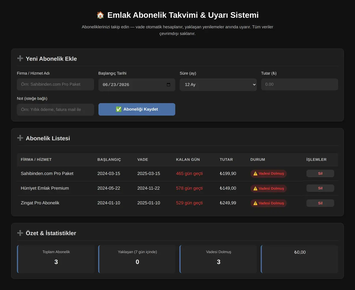 Emlak Abonelik Takvimi & Uyarı Sistemi ekran görüntüsü 3