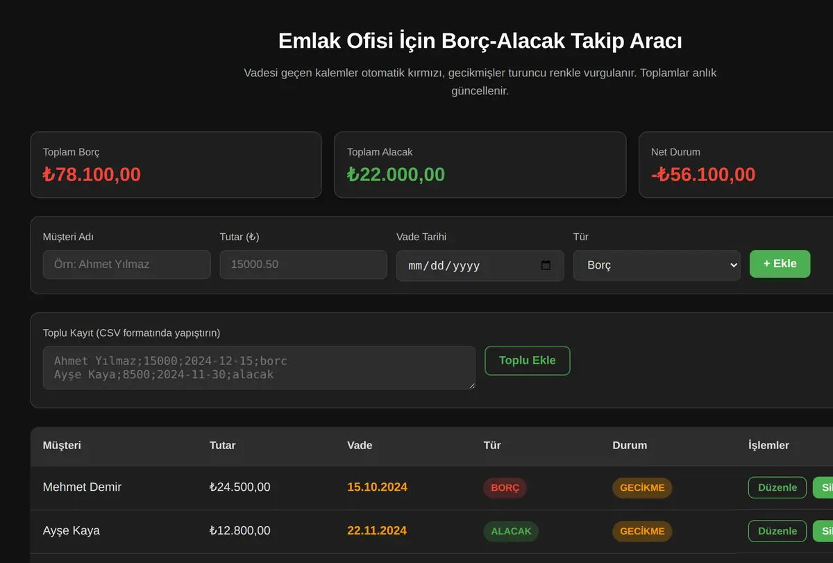 Emlak Ofisi İçin Borç-Alacak Takip Aracı ekran görüntüsü