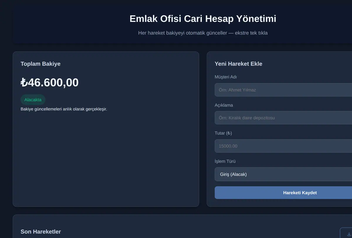 Emlak Ofisi Cari Hesap Yönetimi ekran görüntüsü