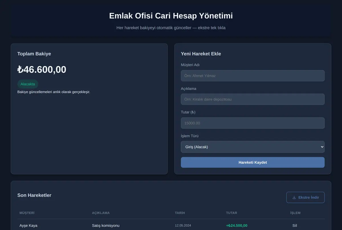 Emlak Ofisi Cari Hesap Yönetimi ekran görüntüsü 2