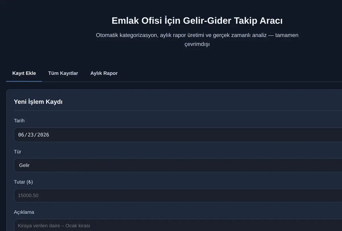 Emlak Ofisi İçin Gelir-Gider Takip Aracı ekran görüntüsü