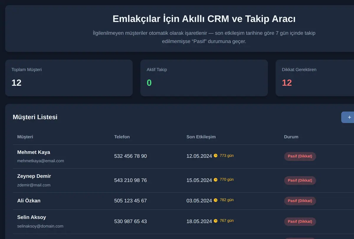 Emlakçılar İçin Akıllı CRM ve Takip Aracı ekran görüntüsü