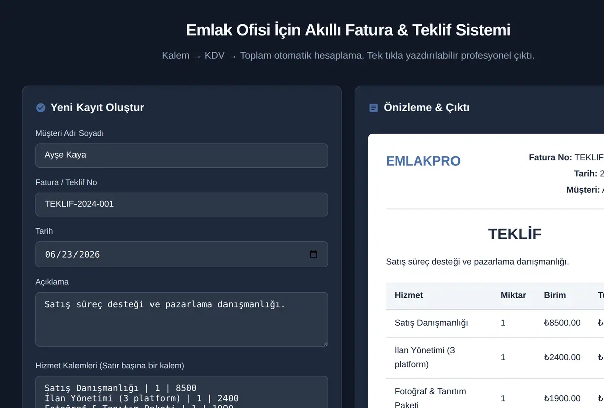 Emlak Ofisi İçin Akıllı Fatura & Teklif Sistemi ekran görüntüsü