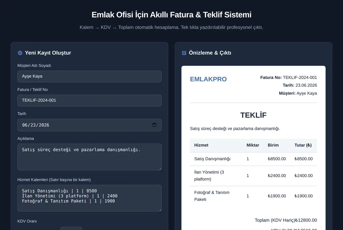 Emlak Ofisi İçin Akıllı Fatura & Teklif Sistemi ekran görüntüsü 2