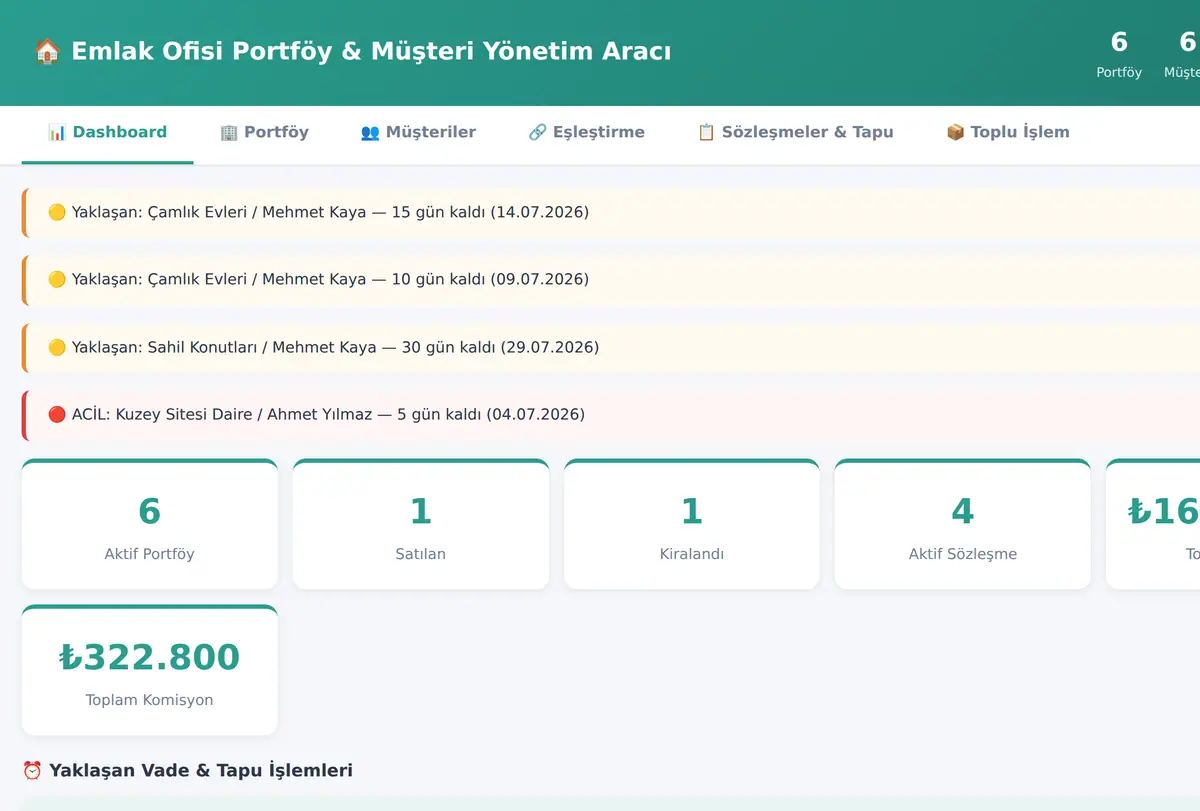 Emlak Ofisi Portföy & Müşteri Yönetim Aracı ekran görüntüsü