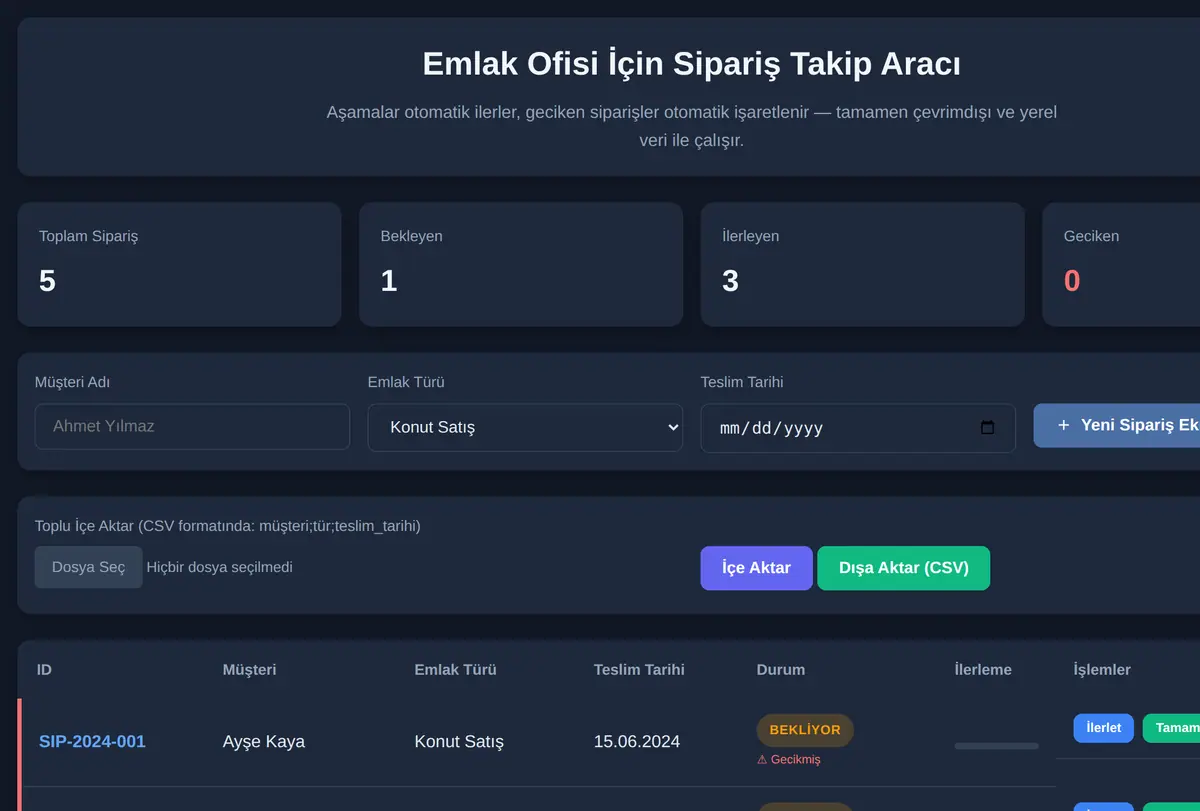 Emlak Ofisi İçin Sipariş Takip Aracı ekran görüntüsü