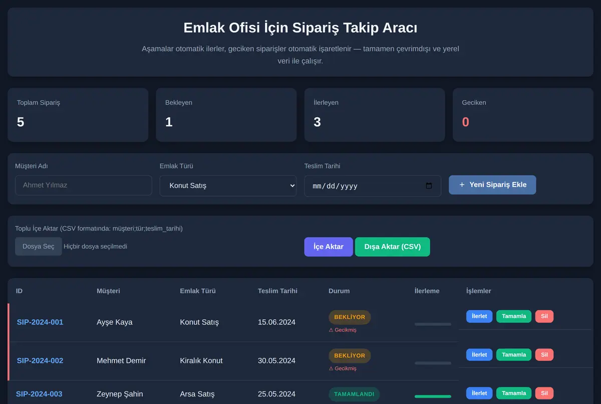 Emlak Ofisi İçin Sipariş Takip Aracı ekran görüntüsü 2