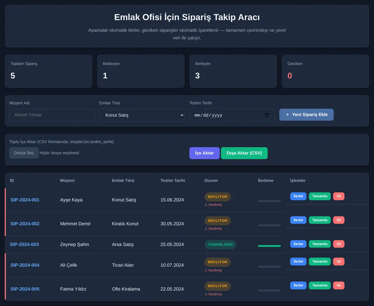 Emlak Ofisi İçin Sipariş Takip Aracı ekran görüntüsü 3