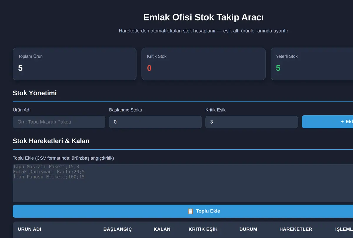 Emlak Ofisi Stok Takip Aracı ekran görüntüsü