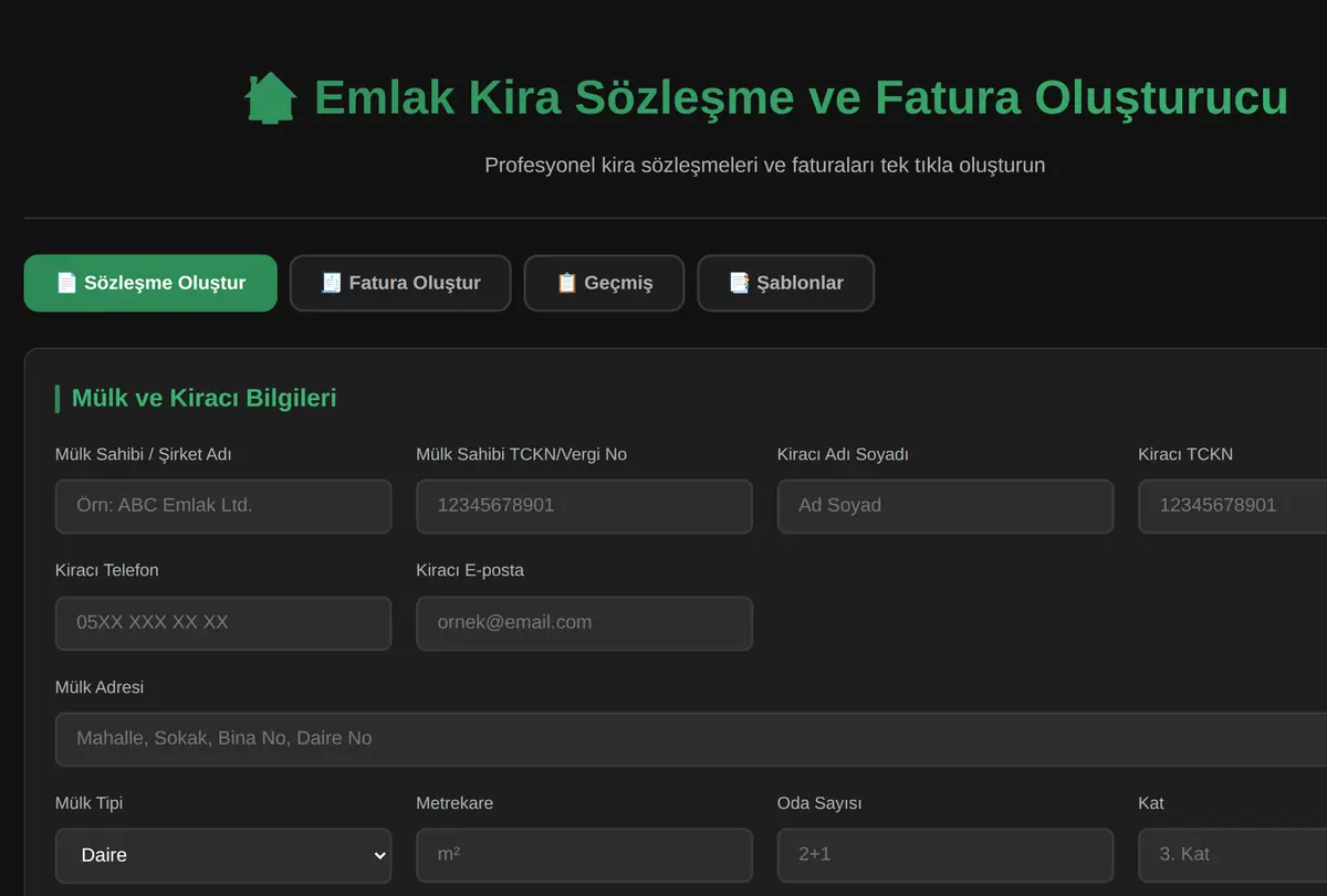Emlak Kira Sözleşme ve Fatura Oluşturucu ekran görüntüsü