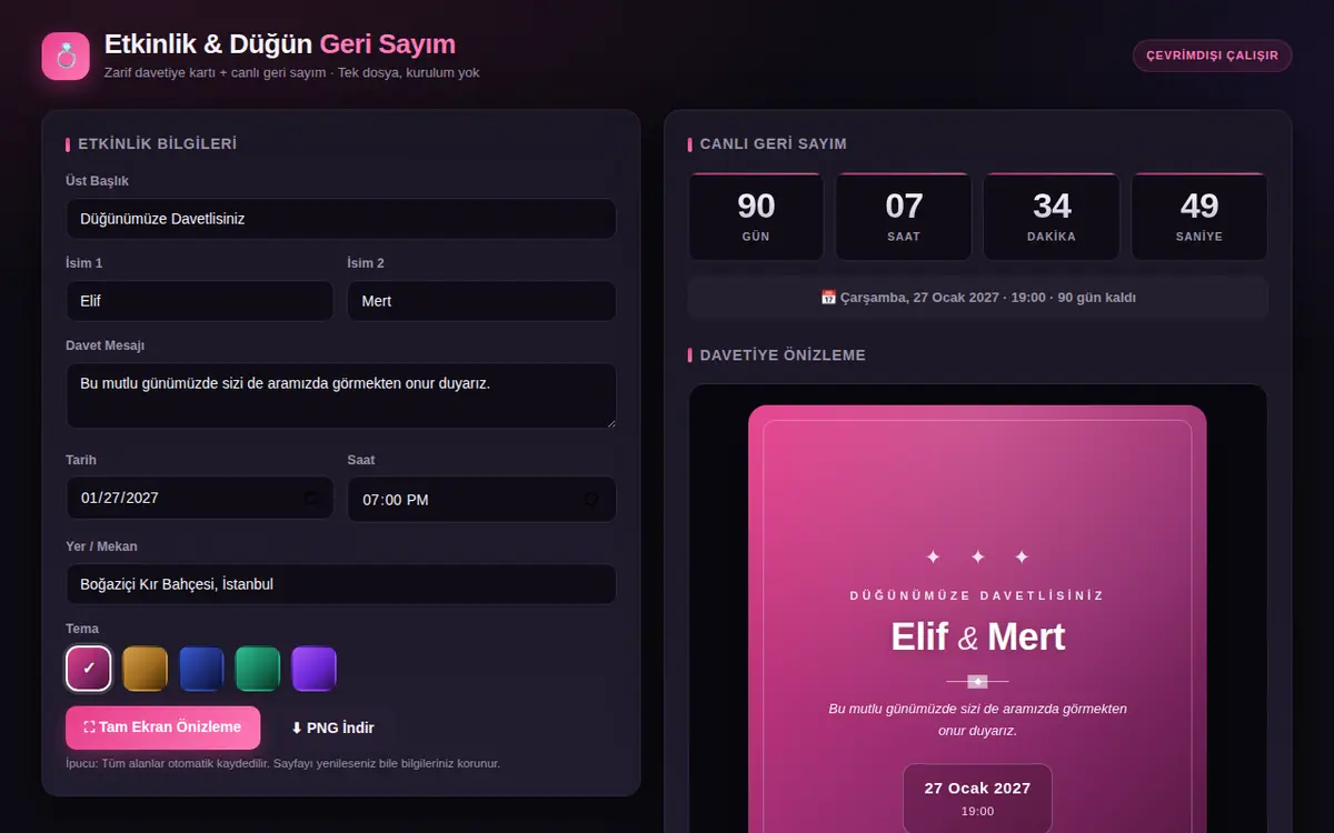 Etkinlik & Düğün Geri Sayım + Davetiye Kartı ekran görüntüsü