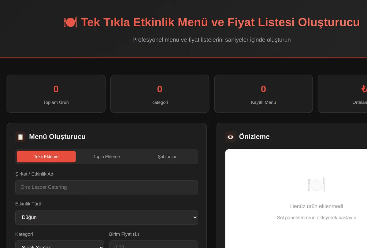 Tek Tıkla Etkinlik Menü ve Fiyat Listesi Oluşturucu ekran görüntüsü