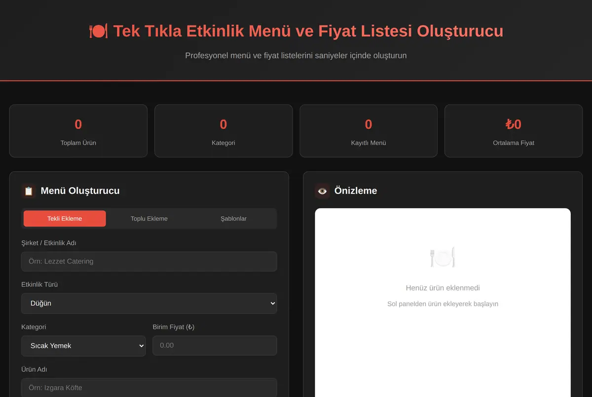 Tek Tıkla Etkinlik Menü ve Fiyat Listesi Oluşturucu ekran görüntüsü 2